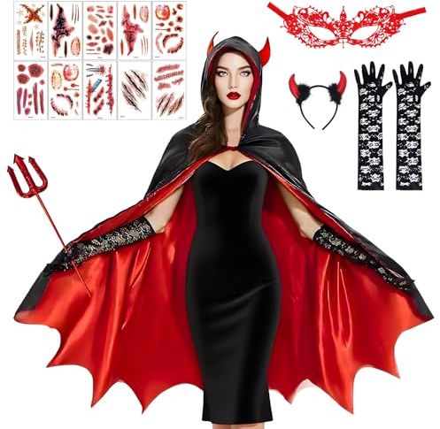 Deguisement Diable Femme, Halloween Deguisement Cape de Vampire Femme, Cape Réversible Cornes, avec Baton du Diable, Cache-œil et Gants en Dentelle, Costume Carnaval Halloween Adulte