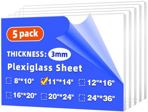 (5 Pack) 11 x 14 Plexiglass Sheets 1/8 inch Thick (3mm), Clear Acrylic Sheets Panel Cut to Size Plexiglass Acrylic Board, Cut with Engraver, Power Saw or Hand Tools, No Laser Cut.