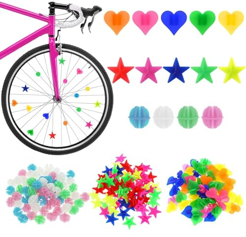 BOGCLEE 210 Stück Bunten Speichenreflektoren Fahrrad Kinder Zubehör, Bunten Fahrradspeichen Dekorationen, Leuchtendes Speichenklicker Fahrrad Zubehör für Mädchen und Jungen (Rund, Stern, Herz)