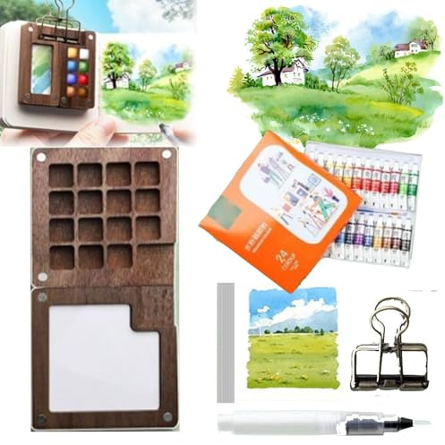Mini Watercolour Kit, Watercolor Kit, Tobias Watercolour Kits, Travel Water colour Sets, Mini Water colour Paint Sets Travel with Brush, Wooden Palette and Sketchbook (15PCS)