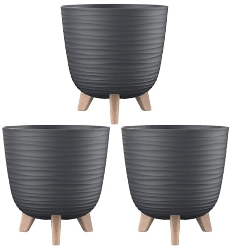 Engelland - 3 x Blumentopf mit Füßen & Bewässerungssystem, Anthrazit, Ø 28 cm, Pflanzkübel, Übertopf, Wellenmuster, Innen- & Außenbereich, Drainagesystem & Wasserspeicher, rund, Kunststoff