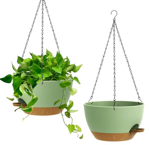 Homeuouz 25cm Selbstbewässernde Hängende Blumenampel 2er-Set – Blumentopf Hängend Innen & Außen, Hängeblumentöpfe mit Drainage für Balkon, Wohnzimmer, Küche,Grün mit Braun