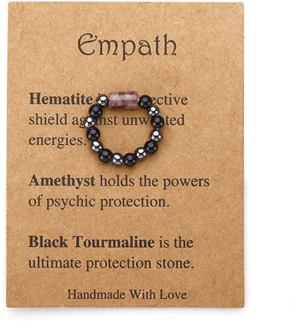 Ticome Crystal Rings,Purple Black Natural Stone Adjustable Stretch Finger Gemstone Lucky Jewelry Gift for Birthday Office Home,Spiritual Protection Ring with Card