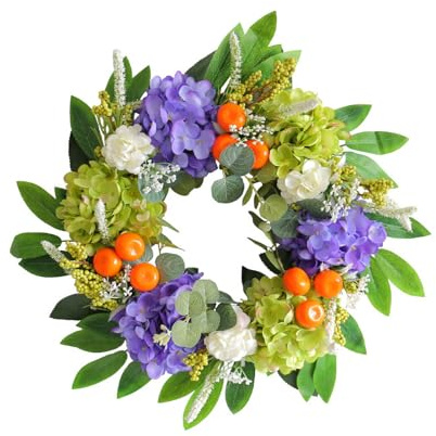 Fictory Couronne d'hortensia artificielle et d'orange, décoration de fleurs artificielles réalistes pour porte d'entrée, mur et décoration d'intérieur