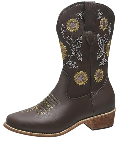 Jemnpela Stivali Western da Cowgirl da Donna con Ricami Mezzo Polpaccio Punta Appuntita Tacco Basso Massiccio a Scivolo Stile Equitazione per Concerti Country Feste e Festival