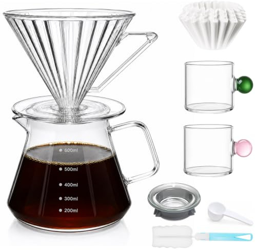Hengxinchen 600ml Pour Over Kaffeebereiterm mit Glasdeckel | Borosilikatglas-Karaffe, Übergieß-Kaffeetropfer für Zuhause, 50 Stück Papierfilter Löffel Kaffeetasse coffee maker 2-4 Tassen