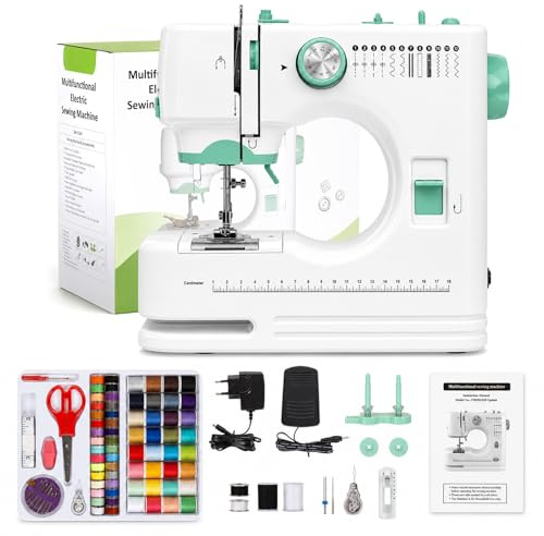 Mini Nähmaschine für Anfänger, Tragbare Elektrische Nähmaschine mit 12 Nähprogrammen, Automatisches Einfädeln, Doppelnadel, LED-Licht, Fußpedal, 58-teiliges Zubehör, Ideal für Kinder & Reparaturen