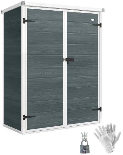 Outsunny Gerätehaus 0,8m² mit Klappbaren Regalen 134 x 68,5 x 170 cm | Kunststoff Gartenschuppen, Schnellmontage, Doppeltür, Boden, Schloss, Handschuhe, Geräteschuppen für Werkzeuge