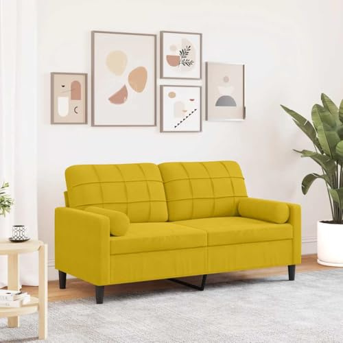 Faucqir 2-sitsig soffa med prydnadskudde, gul, sammet, 140 cm, moderna stoppade möbler för vardagsrum och gästrum, bekväm hörnsoffa med robust metallram, sittbänk för avkoppling och lounge