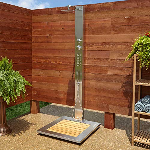 Signature Hardware 413240 Abner Stainless Steel Thermostatic Outdoor Shower Panel with Shower Head, Hand Shower, Bodysprays and Bamboo Tray - Brushed Stainless Steel