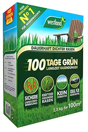 Westland 100 Tage Grün, 2,5 kg, 100 m² - Langzeitdünger für dauerhaft dichten Rasen, feines Rasen-Granulat, Rasendünger ideal für Mähroboter