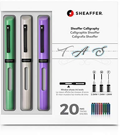 Sheaffer Calligraphy Maxi Kit (includes 1 x Click-Off Cap Resin Fountain Pens, 3 x Fine/Medium/Broad Nib Sizes and 20 x Assorted Inks), Perfect for Arts & Crafts, 26 Piece Set, Lavender/White/Neo-Mint