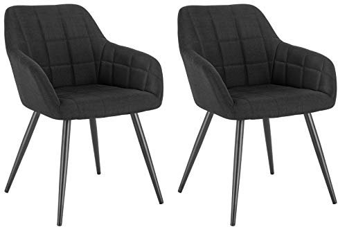 WOLTU Esszimmerstühle 2er Set Esszimmerstuhl Küchenstuhl Polsterstuhl Design Stuhl mit Armlehnen, mit Sitzfläche aus Leinen, Gestell aus Metall, modern, Schwarz, BH107sz-2