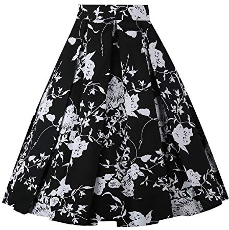 OBBUE Dresstore Vintage Pleated Skirt Floral A-line Printed Midi Skirts with Pockets Black White Flowers-3XL