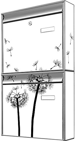 banjado Briefkastenanlage 2 Fach - 2 Briefkästen 36x64x10cm groß - Doppelbriefkasten Set - Namensschild, 2 Schlüssel, Montagematerial - Stahl verzinkt Silber - Motiv Pusteblume 2