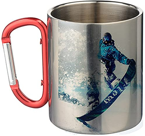Ocadeau Mug inox argenté personnalisable avec photo – Tasse légère avec anse mousqueton rouge – Idée cadeau pratique pour randonnée & outdoor