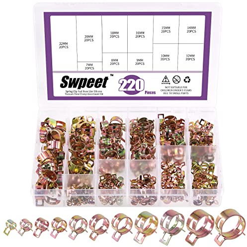 Swpeet 271 Stück 7–22 mm Federband-Schlauchschellen mit drehbarem Flachband, Kraftstoffschlauch-Zange, Sortiment, Silikon-Vakuumschlauch-Action-Rohrschelle Niederdruck-Luftklemme für Schlauchschellen