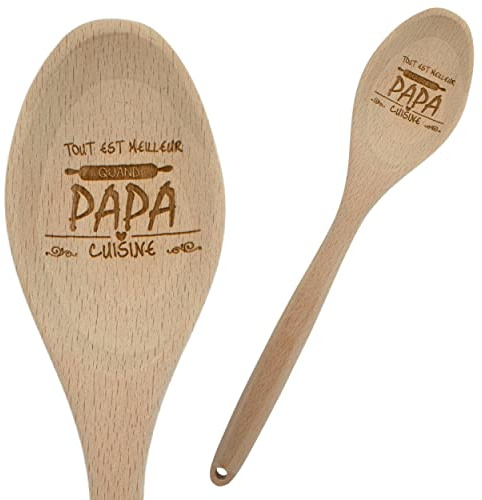 ERNESTINE - Cuillère en Bois Personnalisée pour Papa - Cadeau Cuisine Anniversaire Noël Fête des Pères - Ustensile Naturel Gravé - Spatule