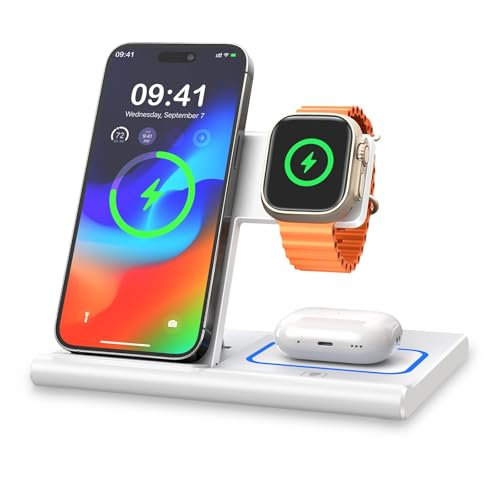 EXW Station de Charge, Chargeur à Induction 3 en 1 Chargeur sans Fil Compatible avec iPhone 17/16/15/14/13/12 Série, Apple Watch 10/9/8/7/6/SE/5/4/3, AirPods 2/3/4/Pro-Blanc