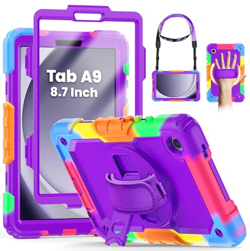 SEYMCY for Samsung Galaxy Tab A9 Case Kids 8.7 inch 2023 | Full Body Shockproof with Screen Protector, Rotating Hand Strap & Stand, Shoulder Strap for Samsung A9 Tablet Case, Purple