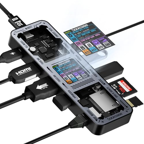 DOCKCASE Smart USB C Hub Dual Monitor 10-in-1 Dockingstation, 2 Monitore 4K HDMI & DisplayPort, 100W PD, 10Gbps USB-A/C, Gigabit Ethernet, SD/TF Kartenleser für MacBook Laptop