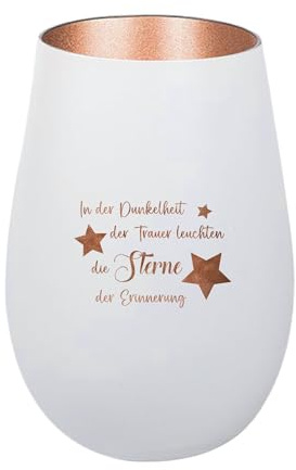Der-Porzellan-Laden Windlicht mit Gravur Weiß Bronze Teelichthalter | In der Dunkelheit der Trauer leuchten, aus Glas mit Spruch, Tischdeko modern
