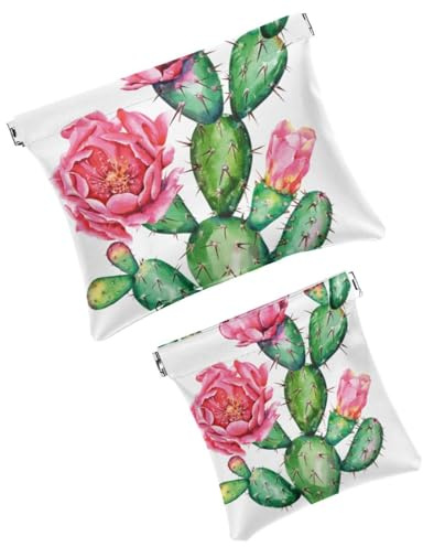 Small Pocket Cosmetic Bag, Squeeze Top Travel Makeup Bag for Purse, No Zipper Self-Closing Mini Makeup Pouch for Women Girls, Cactus Pink Flower Plant