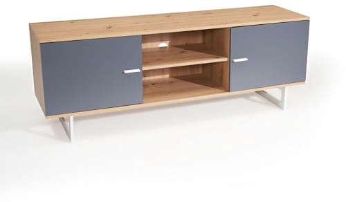 FineBuy Lowboard Eiche-Dekor 150x55x40 cm TV-Kommode Modern, Design TV-Schrank Hoch, Fernsehtisch Fernsehschrank mit Zwei Türen, Fernsehkommode Wohnzimmer Grau