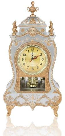 Jwthee Antike dekorative Wanduhr, Tischuhr im europäischen Vintage-Stil mit 12 Liedern, batteriebetriebener Wecker, Retro-Kaminuhr für Heimdekoration (White)