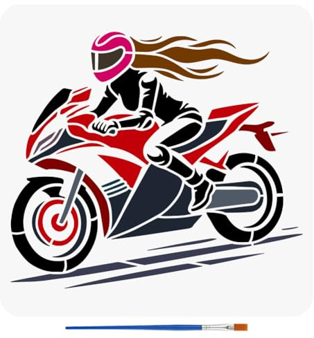 FINGERINSPIRE Malvorlage Für Motorradfahrerin Mit Pinsel 30x30cm Große Schablone Motorräder Biker Schablone Wiederverwendbare Schablone DIY Bastelvorlage Motorrad Themenschablonen Für Heimdekoration