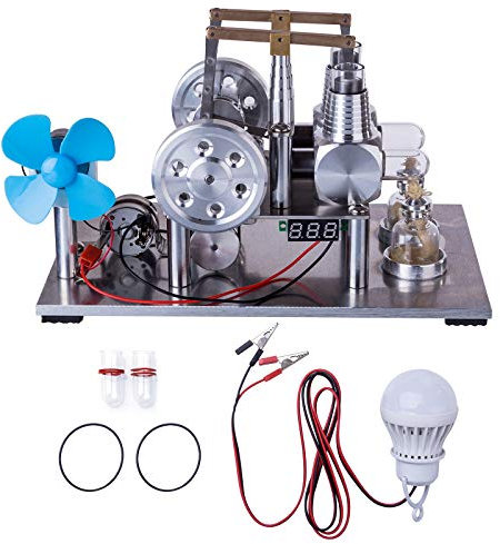 ToyGhillied Stirlingmotor modelo adulto, Enjomor motor Stirling de metal funcional con lámparas de alcohol, máquina de vapor de 2 cilindros, barra de báscula, caja de experimentos, regalo científico