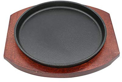 Piatto da bistecca in ghisa con base in legno, 18 cm/20 cm/22 cm/24 cm/26 cm/28 cm/30 cm/32 cm, piastra in ferro per grigliare e servire, ritenzione del calore e durata