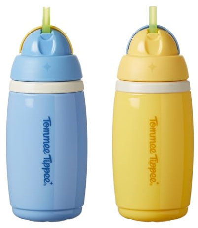 Tommee Tippee Insulated Active Straw Cup, 266ml, Spill-Proof Toddler Water Bottle for 12 Months+, Flip Lid Helps Keep Straw Clean, Blue and Yellow, 2 Pack
