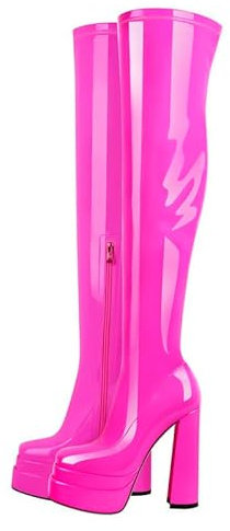 blingqueen Botas elásticas por encima de la rodilla para mujer con tacón de bloque de plataforma, Vivamagenta, 43 EU