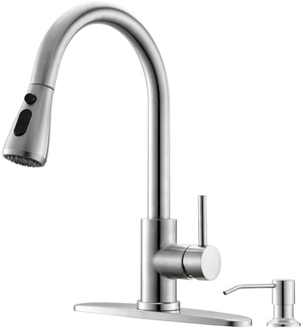 CEIHNAU Kitchen Faucet with Soap Dispenser, 3 Modes Stainless Steel Kitchen Sink Faucet with Pull Down Sprayer, Brushed Nickel Single Handle High Arc Mixer Taps for Bar Laundry Camper RV, CN001-BN-ZYQ