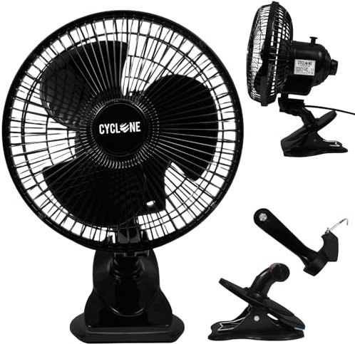 Cyclone 7″ Oscillating Clip-On Fan with Dual Mount – Quiet 2-Speed Air Circulation for Grow Tents, Desks, Greenhouses, Bedrooms & Offices