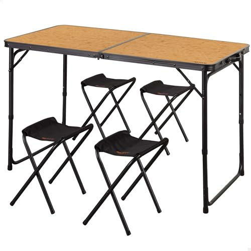 AKTIVE Mesa Plegable de Aluminio con 4 taburetes de Acero, Altura Regulable 60/70 cm, Superficie 120x60 cm, Acabado bambú, Diseño portátil con asa para Camping, Playa y jardín (63162)