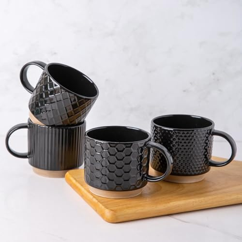 GBhome Set med 4 staplingsbara keramiska kaffekoppar 480 ml - Texturerade moderna koppar för te/latte/cappuccino, diskmaskins- och mikrovågssäker, present för män/kvinnor