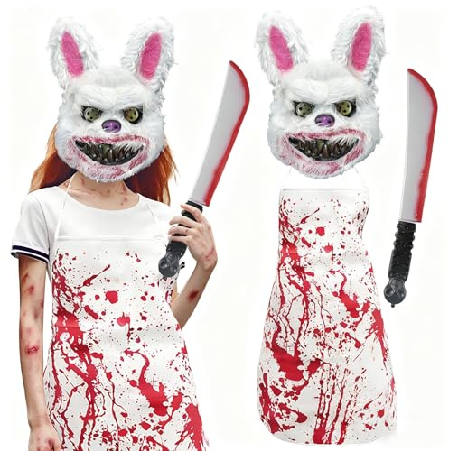 Masque de Lapin Horreur, shallyong Masque Halloween Horreur, avec Tablier Ensanglanté, Couteau Halloween Sang, pour Cosplay Party, Carnaval, DéCorations de FêTe