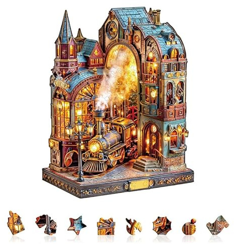 Jigfoxy Wooden Puzzles for Adults, 220-Piece Steam Castle Jigsaw Puzzle, Unique Animal-Shaped Jigsaw Puzzle for Adults and Teens, Creative Gift with Premium Wooden Box,13.4 * 10.6in