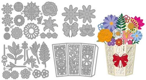 MAYJOYDIY 3D Blumentopf Metall Stanzformen Blumenzweig Blätter Stanzschablonen Schleife Lilie Prägeschablonen Prägevorlage Für DIY Papierbastelkarten Scrapbooking Album Dekoration