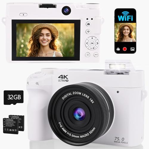 Appareil Photo Numérique, 4K 75MP Digital Camera avec WiFi, Zoom Numérique 18X, LCD Écran 3'' Selfie Camera de Vlog avec Carte 32GB, Appareil Photo Compact pour Adolescents Débutants (Blanc)