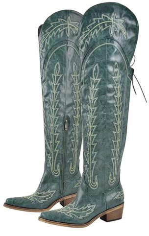 UJEDFHV Knähöga cowboystövlar för kvinnor lårhöga knästövlar över knäet röd cowboy sida dragkedja västerländsk broderi, Sh230901f, 38.5 EU