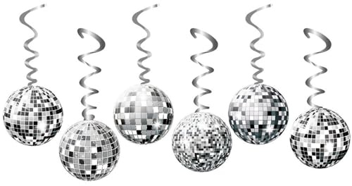 Ovanda 12 Stück Discokugel Deko Hängend, 6 Disco Kugeln 13 cm und 6 Luftschlangen Silber, Decken Dekos für Disco Partys, 80er Jahre Party, 90er Party Deko Dancing Queen