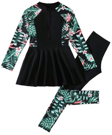 Muslim Swimwear for Girls Islamic Burkini, Kids Long Sleeve Rash Guard Swimdress & Swim Pants & Thong 3 Pieces Tankinis Swimsuits Modest Bathing Suit Black 12-13 Years