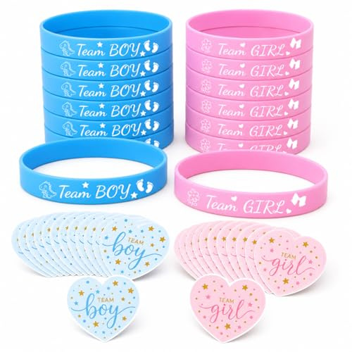 AHEZQILU Gender Reveal, Baby Shower, Gender Reveal Decoration Kit 60 Pcs Avec 30 Bracelets Silicone Team Boy Girl Et 30 Autocollants Cœur Pour Annonce Grossesse Fête Prénatale Invités