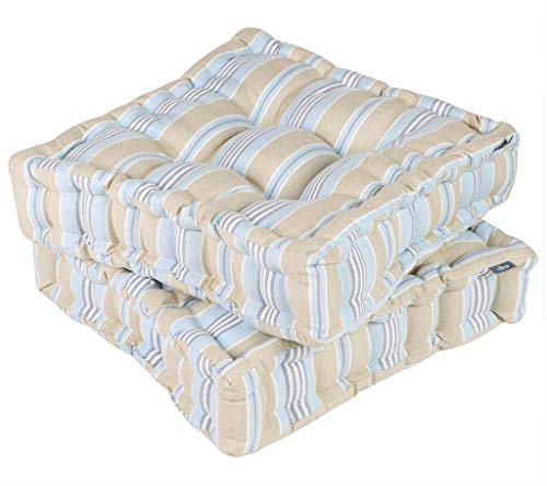 2er Set Outdoor Kissen für Gartenmöbel Baumwolle blau Pastellstreifen Gras Bodenstuhl Vintage Druck Sitzpolster (CB31)