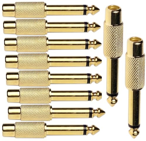 6.35mm 1/4 TS Plug to RCA Female Jack Adapter Connector - 6.35mm Mono Male to RCA Female, Gold-Plated, 10 Pack
