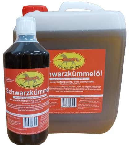 Scheidler horse-direkt Premium 6 L Schwarzkümmelöl Pferde und Hunde Kaltgepresst – Frisch Aus Eigener Pressung - (1 x 5 L Kanister + 1 L Flasche)