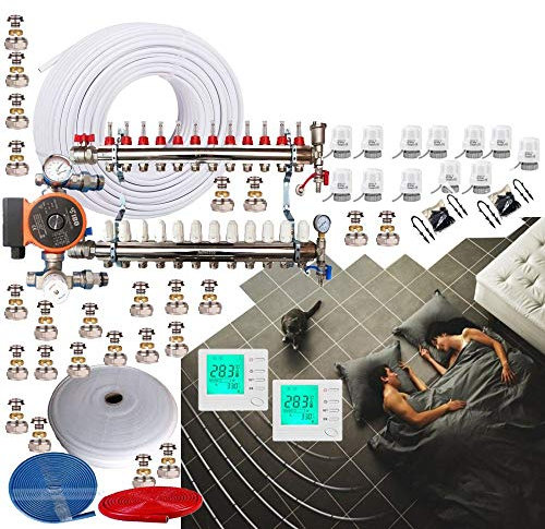 2 Zone 160-165Sqm UnderFloor Heating Kit 12 Port Manifold Blending Set 16mm Pipe WRAS Approved